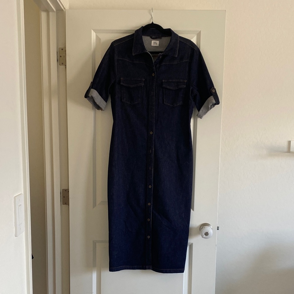 Dark Indigo Denim Midi Shirt Dress - Unbranded